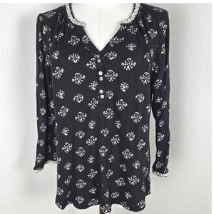 Lucky Brand Boho Floral Henley Blouse Womens XL Black Long Sleeve Flaw